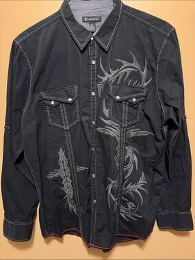 INC International Concepts Black Button-Up Shirt with Gray Stitching